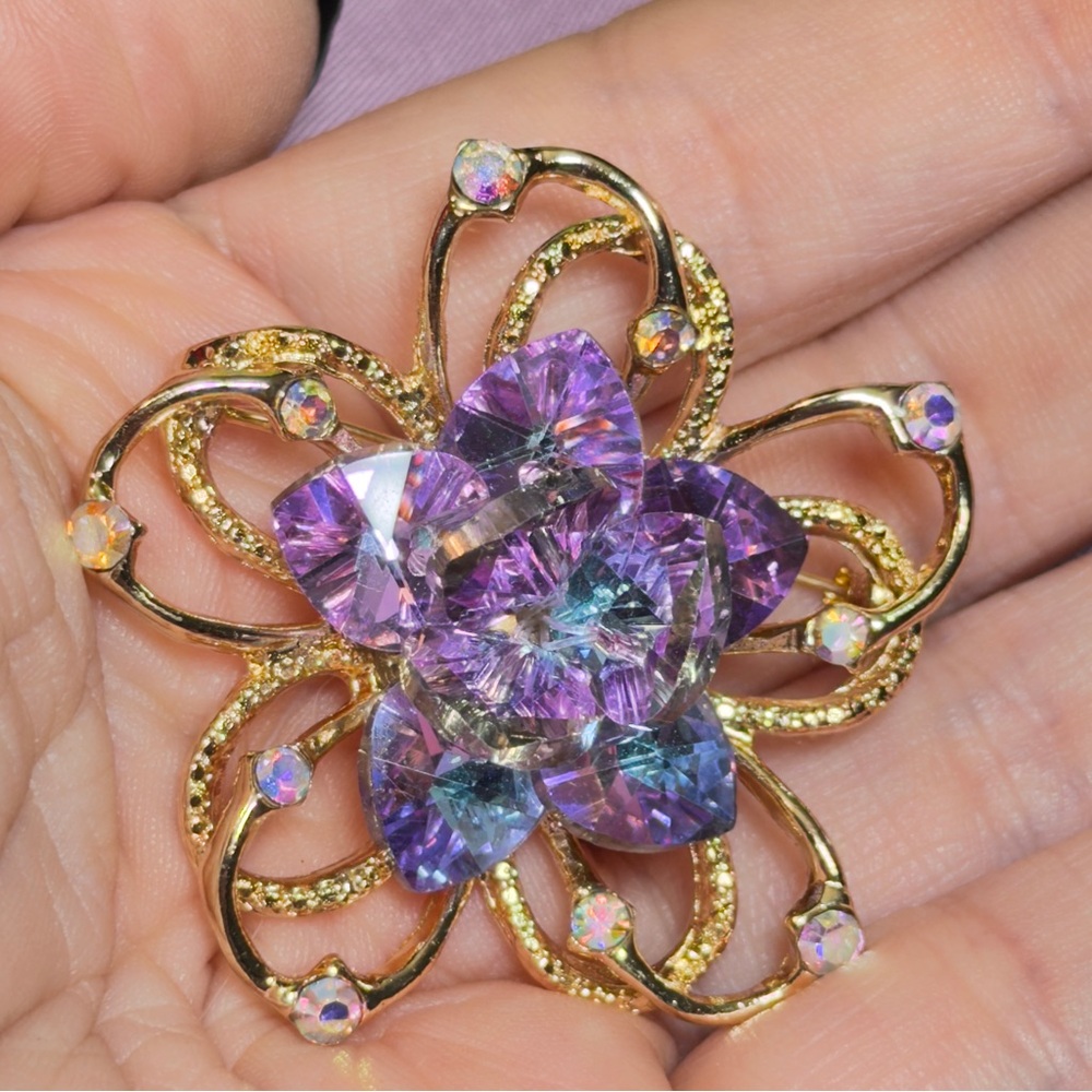 Gold-Tone Purple Crystal Flower Brooch - Unbranded